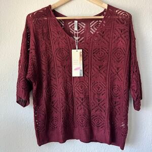 Woman's Maroon Crochet 3/4 Sleeve Off Shoulder Sweater- Size Large